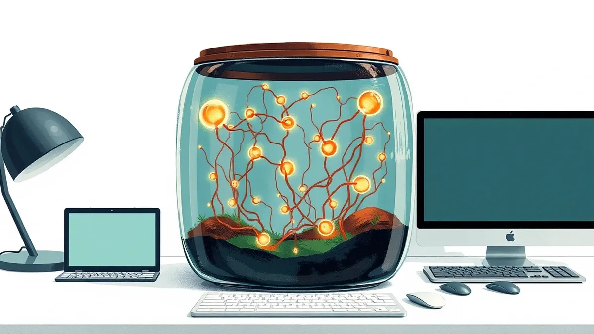 Illustration: A glass terrarium sits on a clean white desk, housing a complex network of translucent tubes and glowing nodes.