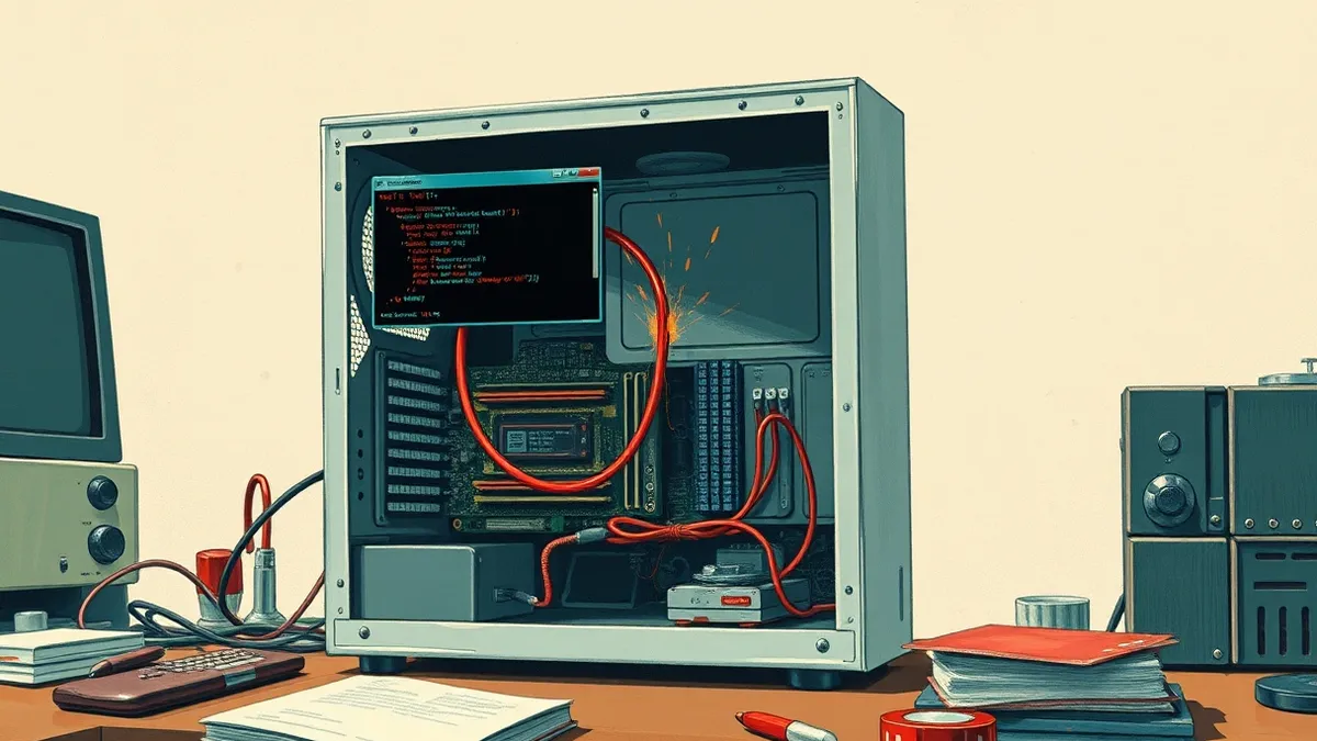 Illustration: A sleek silver desktop tower sits open on a cluttered desk, its internal circuit boards exposed to the air.