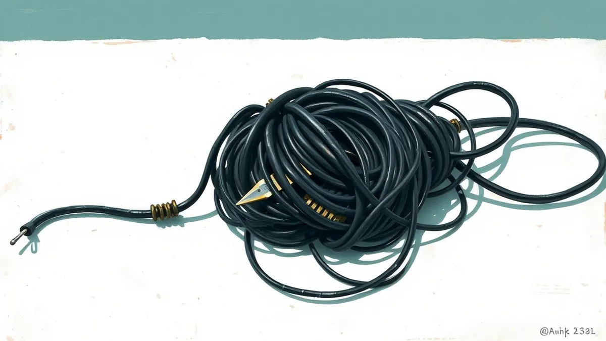 Illustration: A tangled knot of thick black wires sits on a sterile white table, with one loose end dangling off the edge toward a dark void.