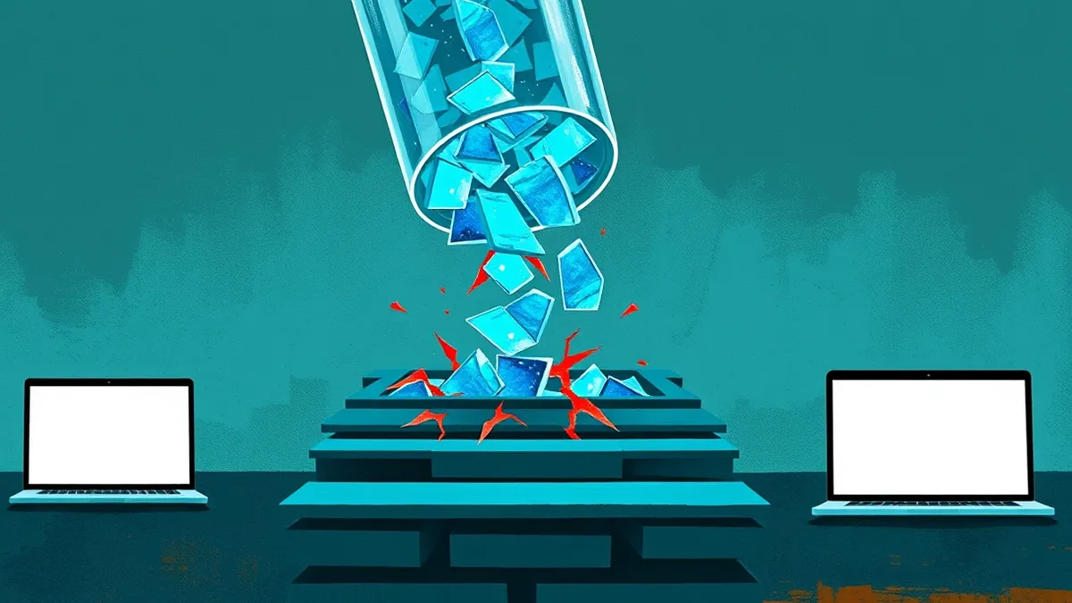Illustration: A transparent glass funnel pours glowing blue data shards into a deep, geometric vector database structure below.