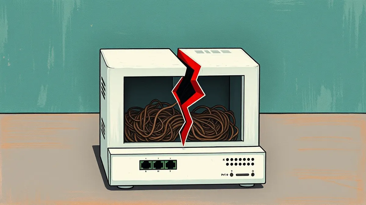 Illustration: A white network router sits on a gray table with its front panel open, revealing tangled internal circuitry.
