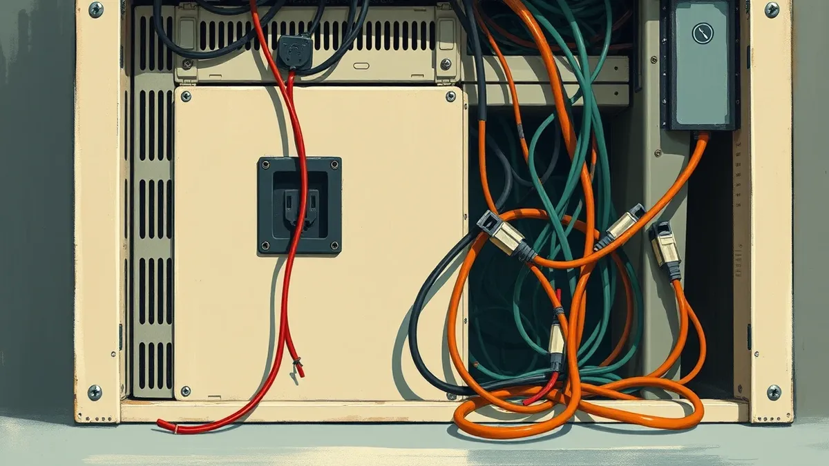 Illustration: A chaotic tangle of loose cables spills out from the back panel of a beige server chassis.
