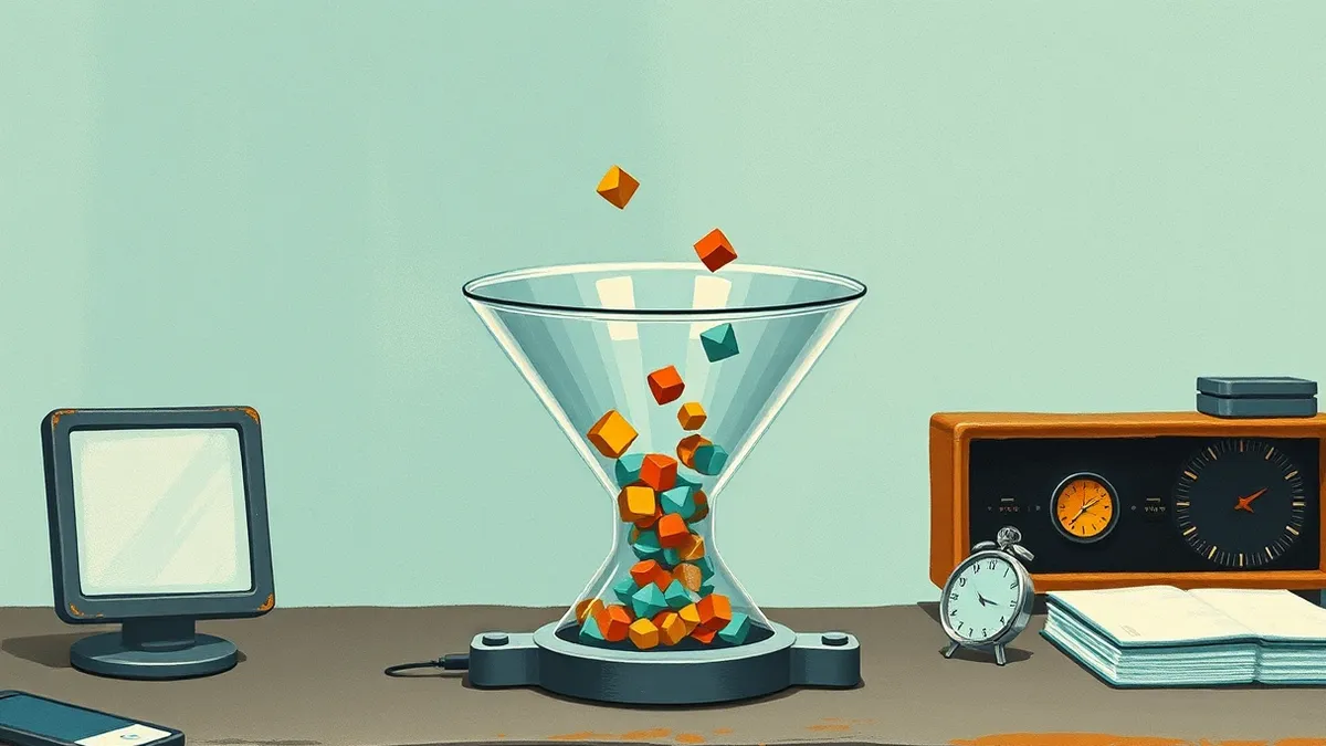 Illustration: A transparent glass funnel sits on a metal workbench, channeling colorful geometric tokens into a single narrow tube.