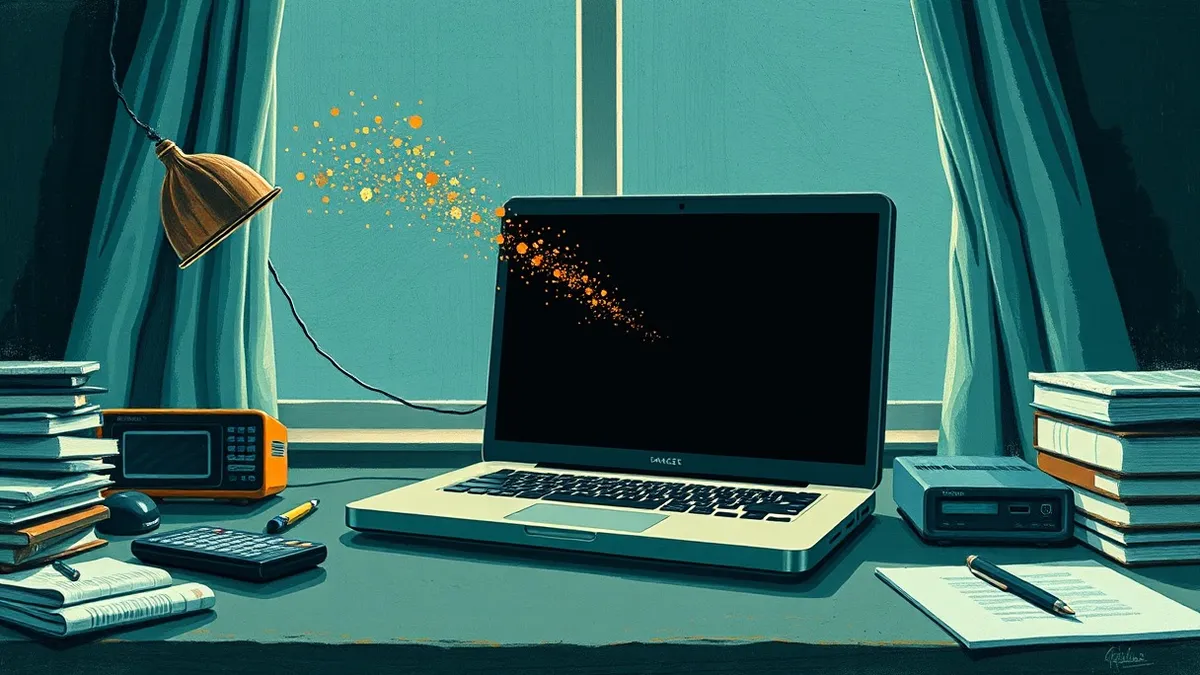 Illustration: An open laptop sits on a cluttered desk, its screen displaying only abstract geometric shapes.