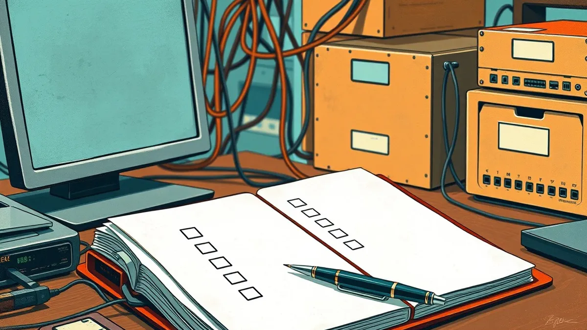 Illustration: An open binder rests on a desk, displaying a clean sheet of paper with empty checkboxes.