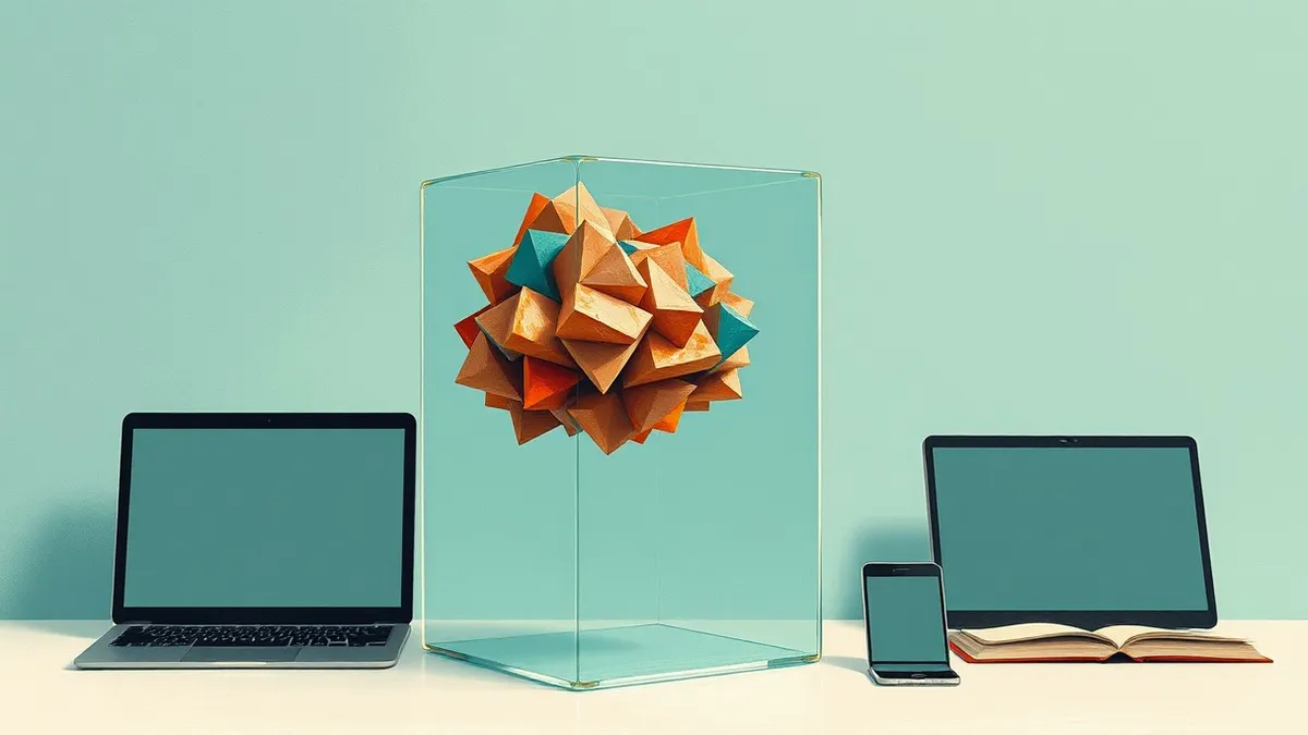 Illustration: A transparent glass cube sits on a clean desk, containing a shifting cloud of colored geometric shapes that constantly rearrange themselves.