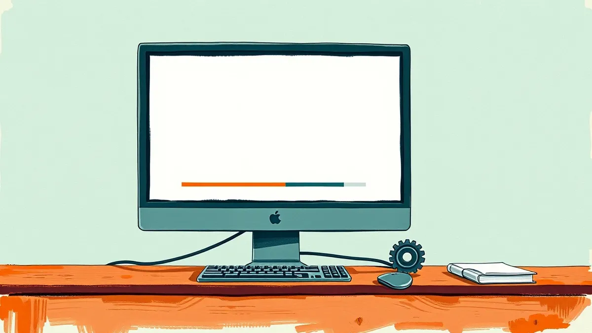 Illustration: A desktop computer sits on a wooden desk, displaying a blank white web browser window.