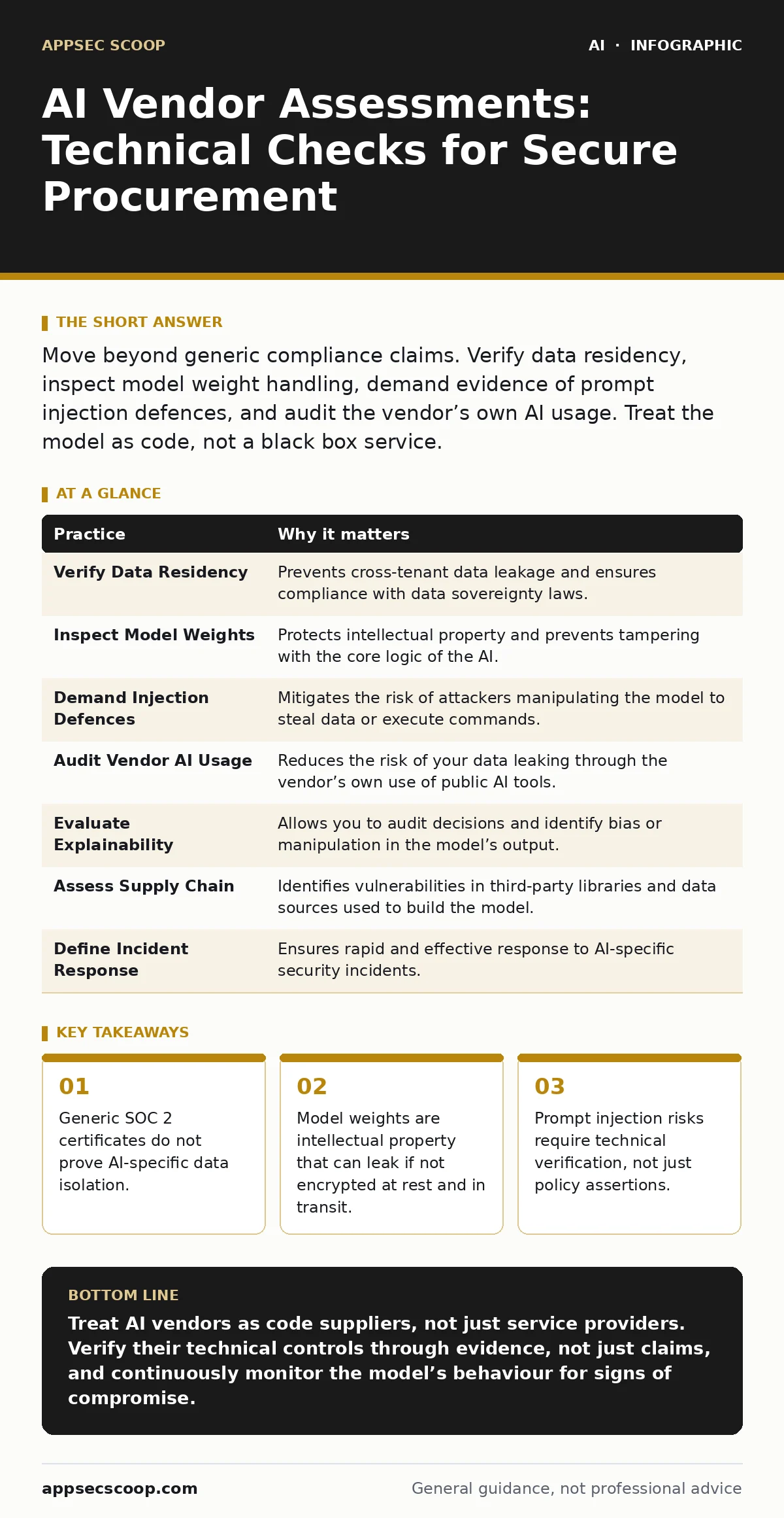 Infographic: AI Vendor Assessments: Technical Checks for Secure Procurement. Generic SOC 2 certificates do not prove AI-specific data isolation. Model weights are intellectual property that can leak if not encrypted at rest and in transit. Prompt injection risks require technical verification, not j