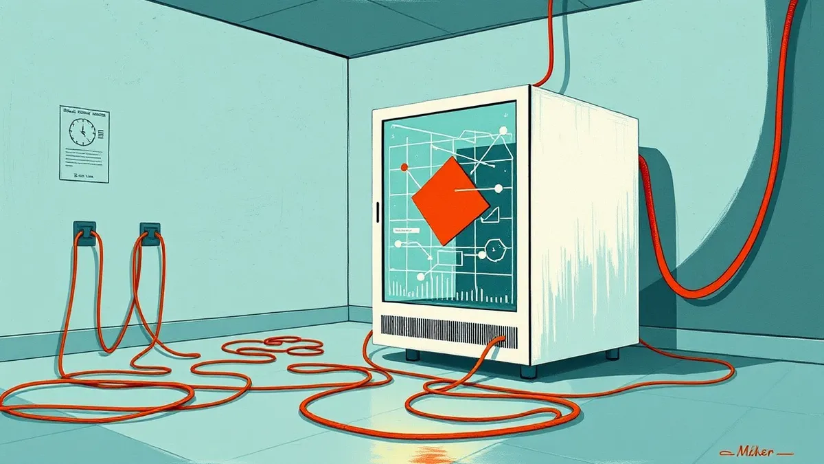 Illustration: A generic white server sits in a sterile room, connected by tangled cables to a transparent glass box.