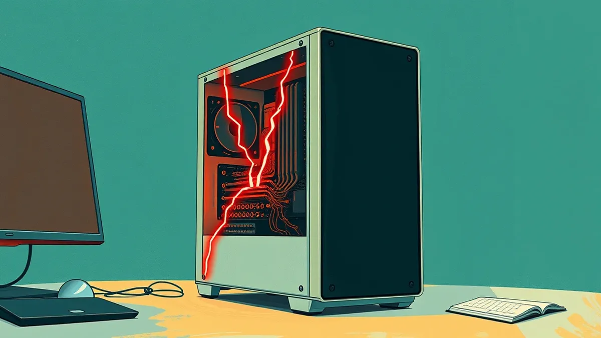 Illustration: A sleek, modern desktop tower sits on a minimalist desk, its side panel transparent to reveal intricate circuitry.