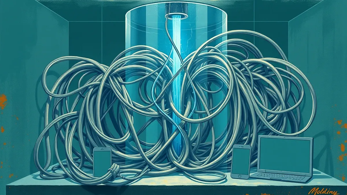Illustration: A tangled mass of grey industrial cables loops through a transparent glass chamber, where a steady stream of blue light pulses through the wires to tighten and straig