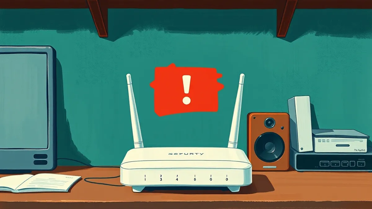 Illustration: A white wireless router sits on a wooden desk, its status lights steady.