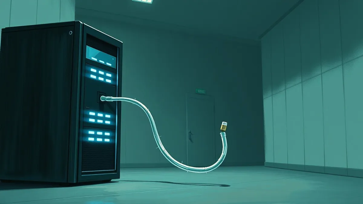 Illustration: A sleek black server tower sits in a sterile room, its front panel illuminated by soft blue lights.