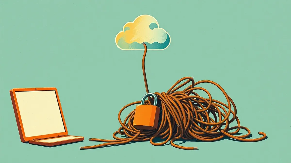 Illustration: A glowing cloud icon sits above a tangled knot of loose threads.