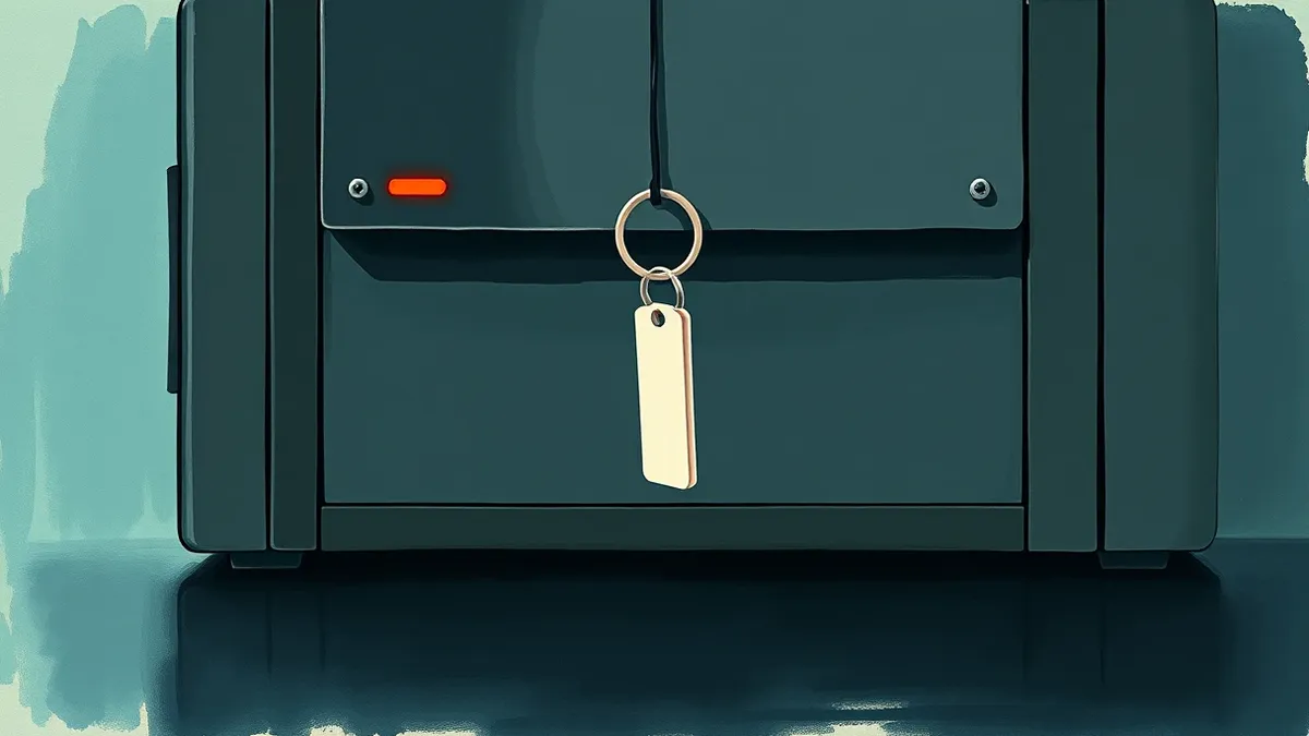 Illustration: A single white plastic key hangs precariously by its ring from the edge of a sleek black server console.