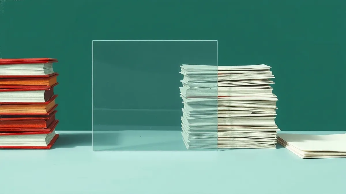 Illustration: A transparent glass pane sits between a stack of red physical files on the left and a neat pile of white copies on the right.