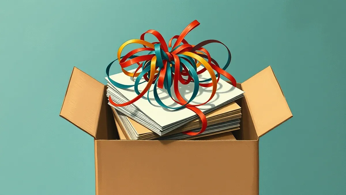 Illustration: A tangled knot of colorful ribbon ties sits loosely atop a neat stack of paper folders inside an open cardboard box.