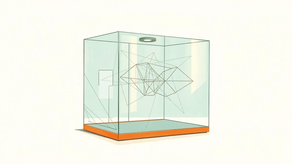 Illustration: A transparent glass cage sits isolated on a stark white surface, its smooth walls reflecting abstract geometric shapes.