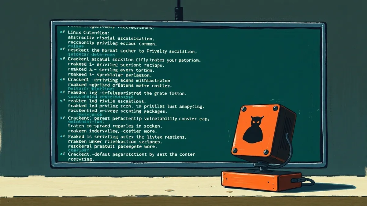 Illustration: A generic Linux server terminal displays a cascading list of abstract privilege escalation commands, while a cracked software package icon sits ominously on the deskt