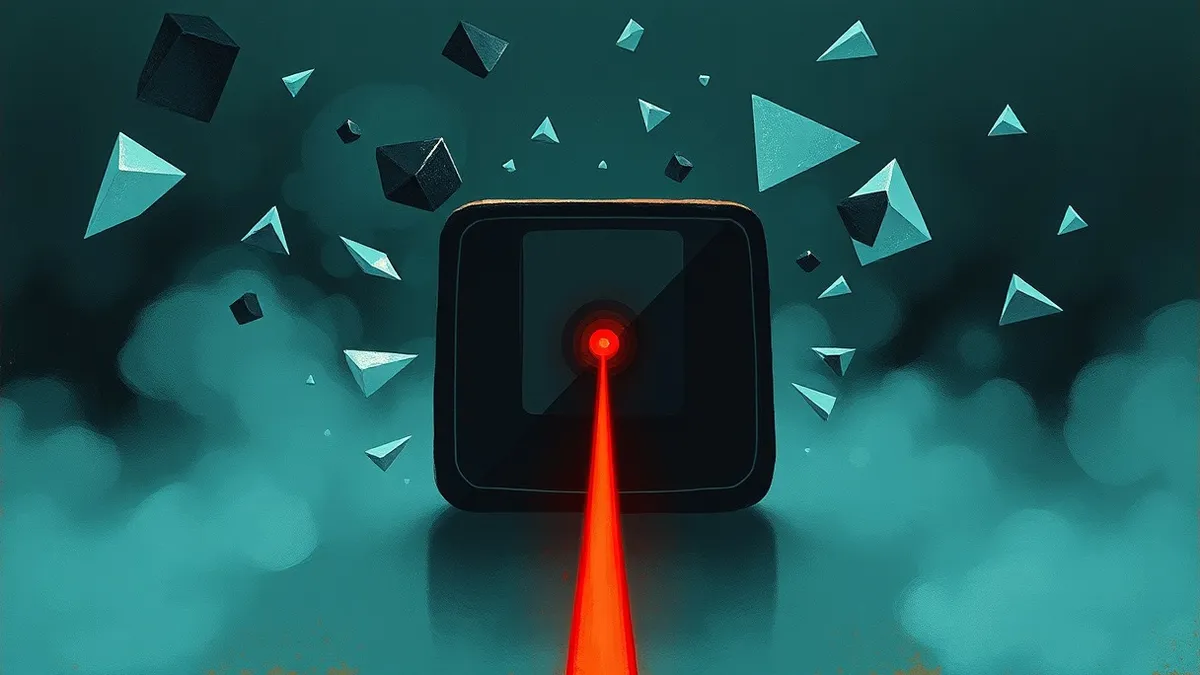 Illustration: A sleek black sensor sits in the center of a dark room, emitting a single red laser beam that cuts through swirling blue mist.