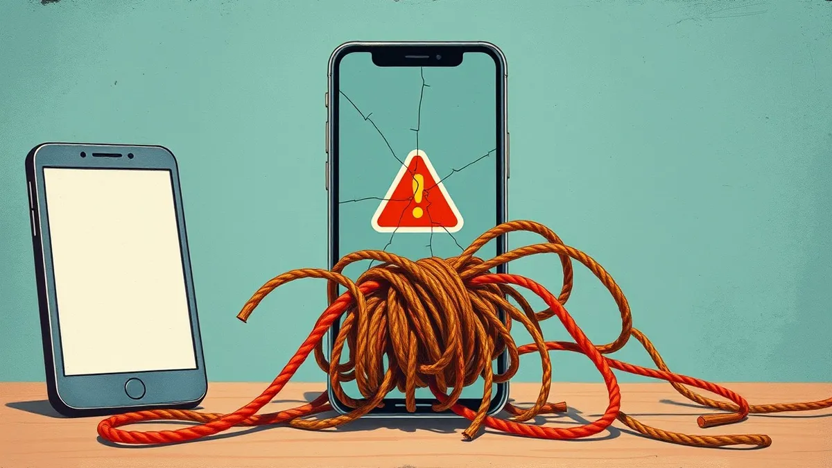 Illustration: A cracked smartphone screen displays a generic warning icon with a red slash, hovering above a tangled knot of colorful yarn threads that snap taut.