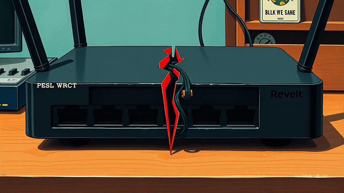 Illustration: A sleek black network router sits on a wooden desk with its ports facing away.