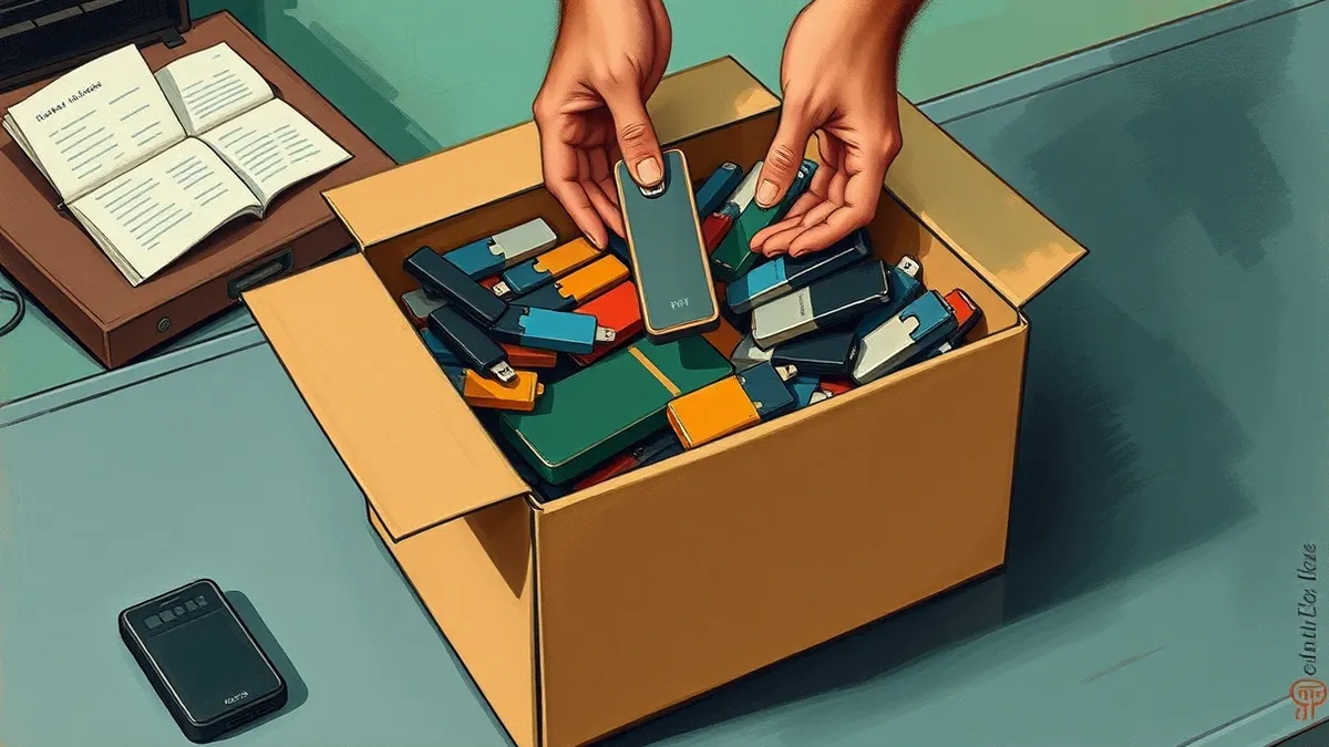 Illustration: A cluttered cardboard box sits on a metal table, filled with various digital storage drives.