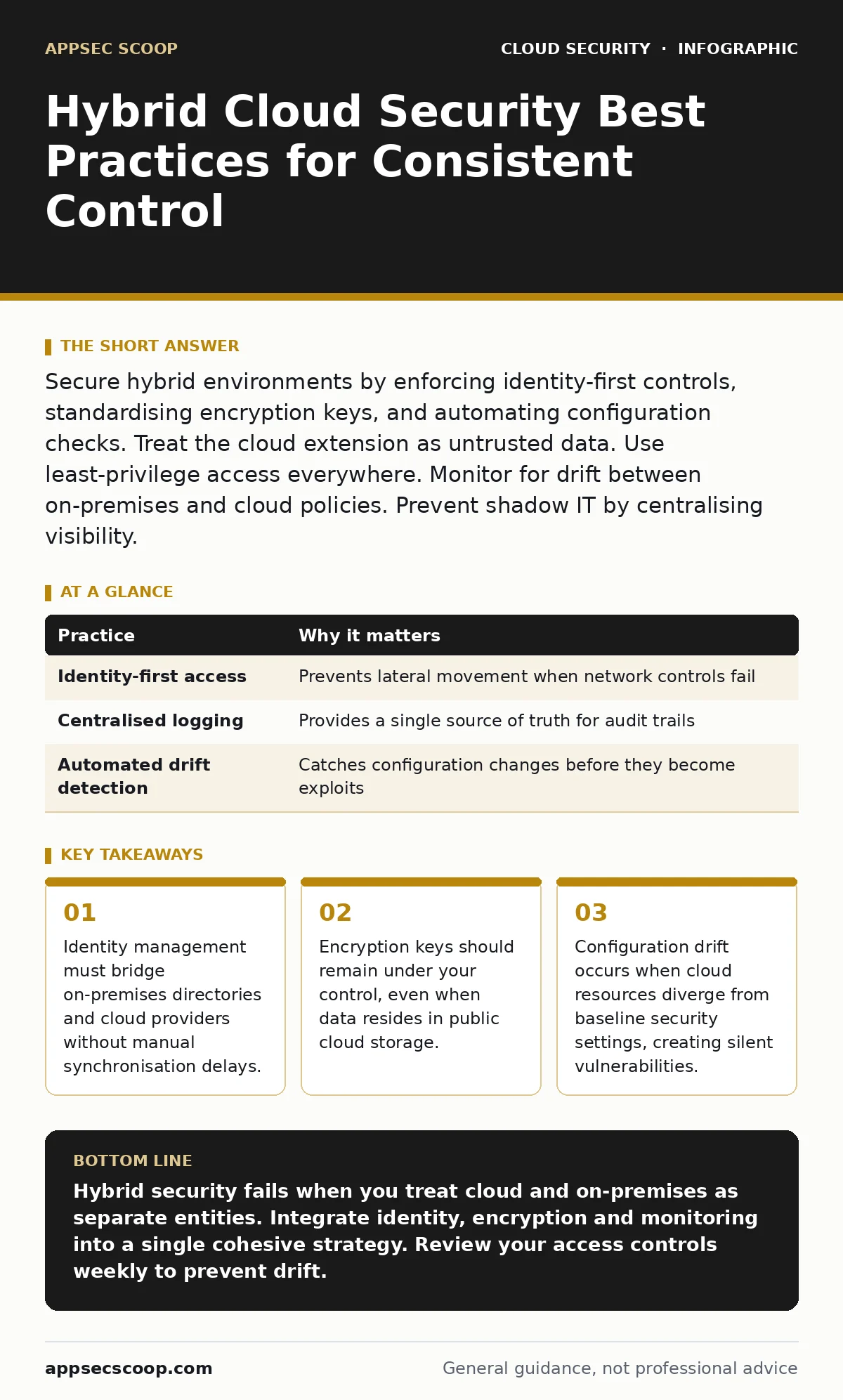 Infographic: Hybrid Cloud Security Best Practices for Consistent Control. Identity management must bridge on-premises directories and cloud providers without manual synchronisation delays. Encryption keys should remain under your control, even when data resides in public cloud storage. Configuration