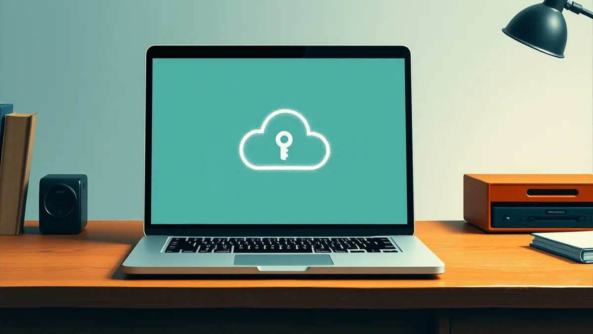Illustration: A sleek silver laptop sits on a wooden desk, its screen displaying a clean interface with a single glowing key icon hovering over a stylized cloud shape.