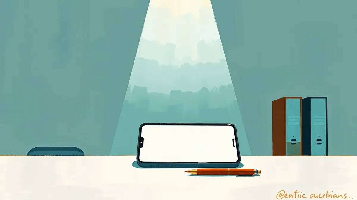 Illustration: A sleek office desk holds a blank smartphone and a pen.