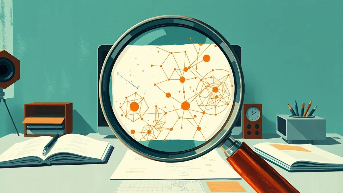 Illustration: A sleek metallic magnifying glass hovers over a blank sheet of paper covered in faint abstract geometric patterns.
