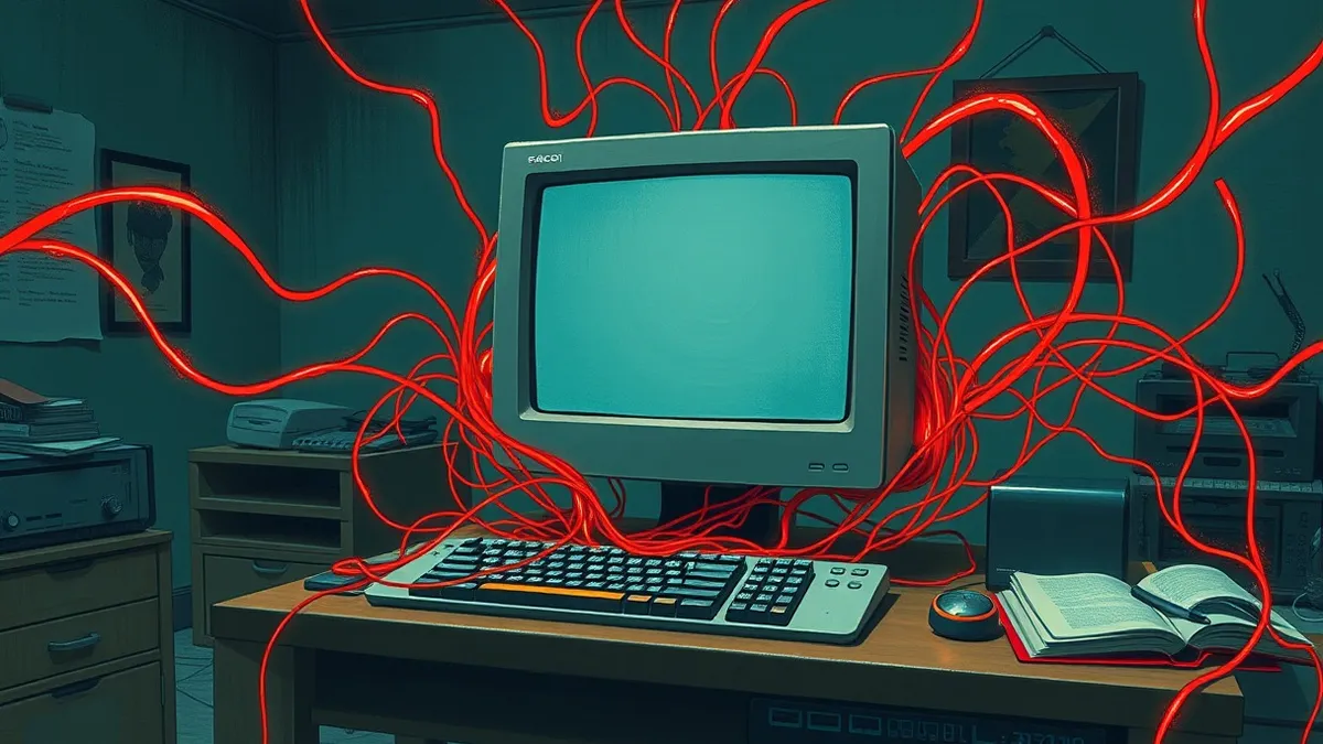 Illustration: A solitary, unmarked desktop computer sits on a cluttered office desk in a dimly lit room.