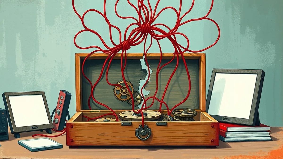 Illustration: A cracked wooden puzzle box sits open on a desk, its internal gears exposed and tangled with loose wires.