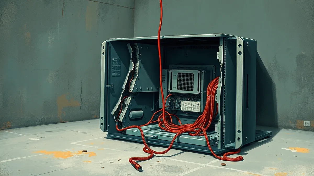 Illustration: A cracked open server chassis sits on a concrete floor with exposed circuit boards and tangled wires.