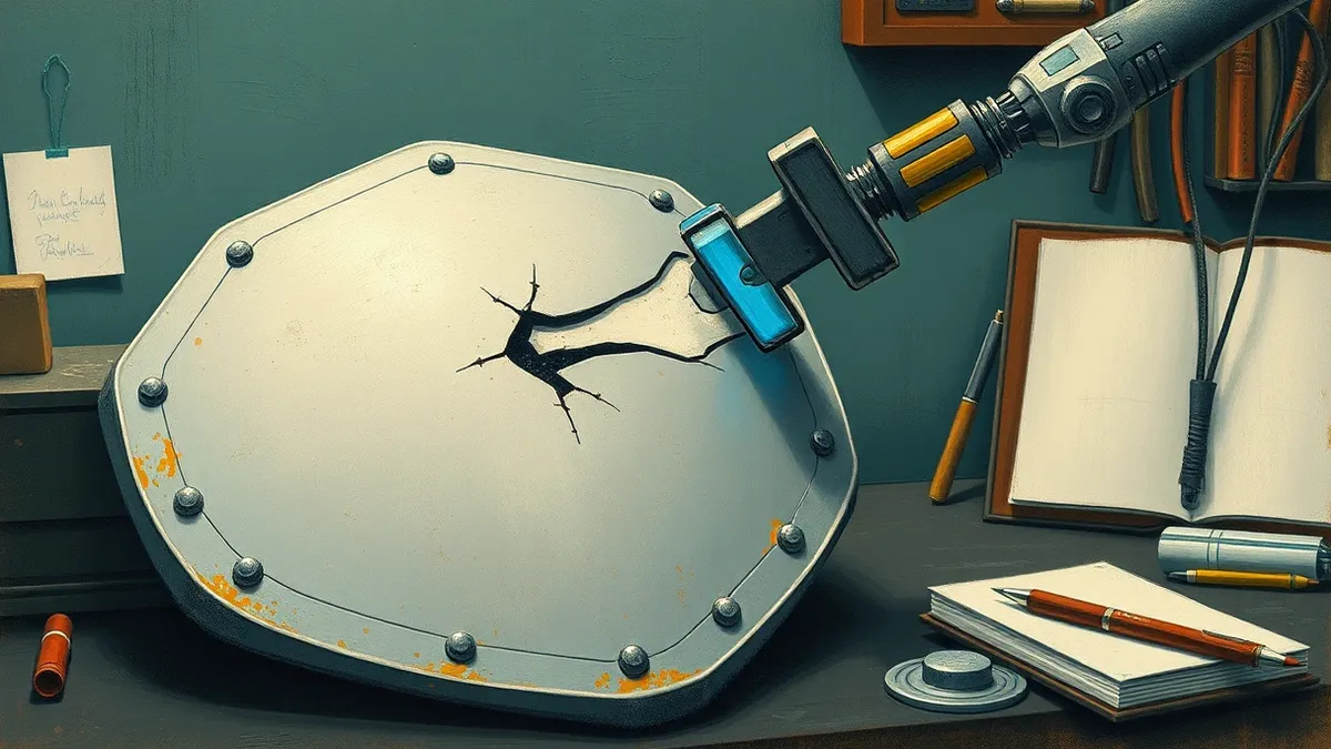 Illustration: A pristine silver shield with a visible crack sits on a dark workbench, while a robotic arm with glowing blue joints attempts to hammer a patch onto the breach.