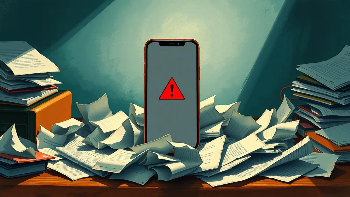 Illustration: A cluttered desk holds a single smartphone displaying a blank screen with a large red warning icon.