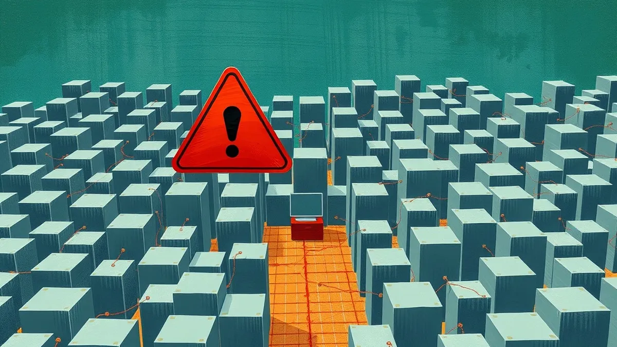 Illustration: A generic red warning triangle floats above a complex maze of interconnected gray network nodes.