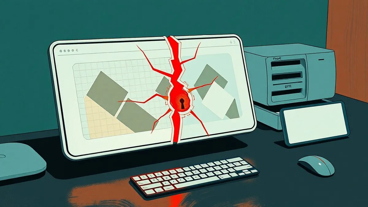Illustration: A sleek white chatbot interface sits on a dark desk, its screen displaying abstract geometric shapes.
