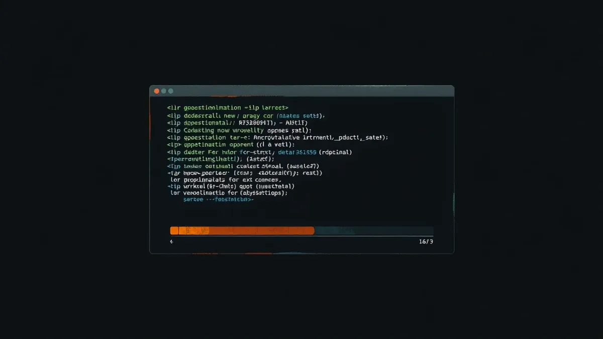 Illustration: A sleek black terminal window displays static abstract code lines while a subtle progress bar slowly fills in the corner.