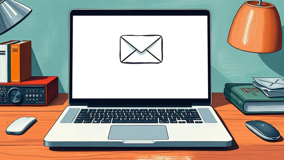 Illustration: A sleek silver laptop sits on a wooden desk, its screen displaying a perfectly formatted, blank email interface.