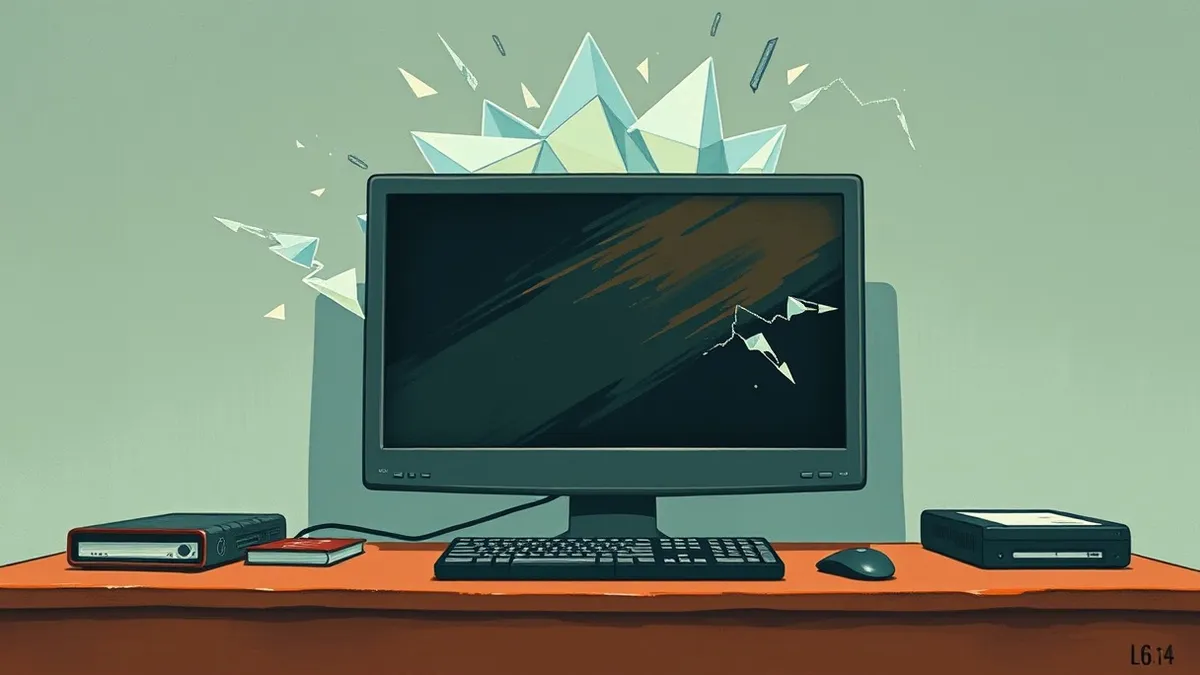 Illustration: A generic desktop computer sits dark and silent on a plain desk while translucent, jagged geometric shapes swirl rapidly around its monitor, suggesting an invisible d