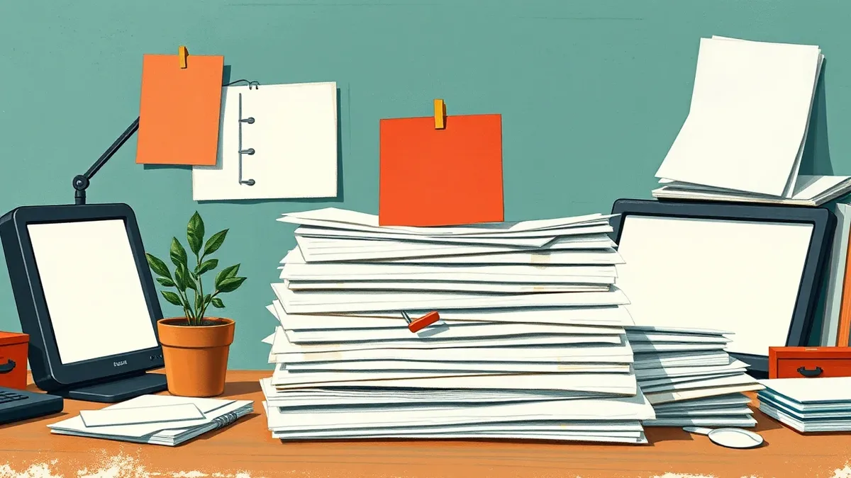 Illustration: A messy desk holds a single red sticky note atop a towering stack of blank white papers.