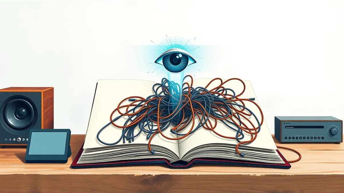 Illustration: A large open folder sits on a clean wooden desk, overflowing with tangled digital cables representing source code.