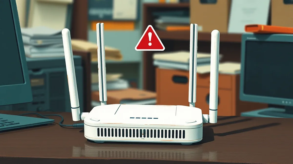 Illustration: A white Wi-Fi router with external antennas sits on a dark desk.